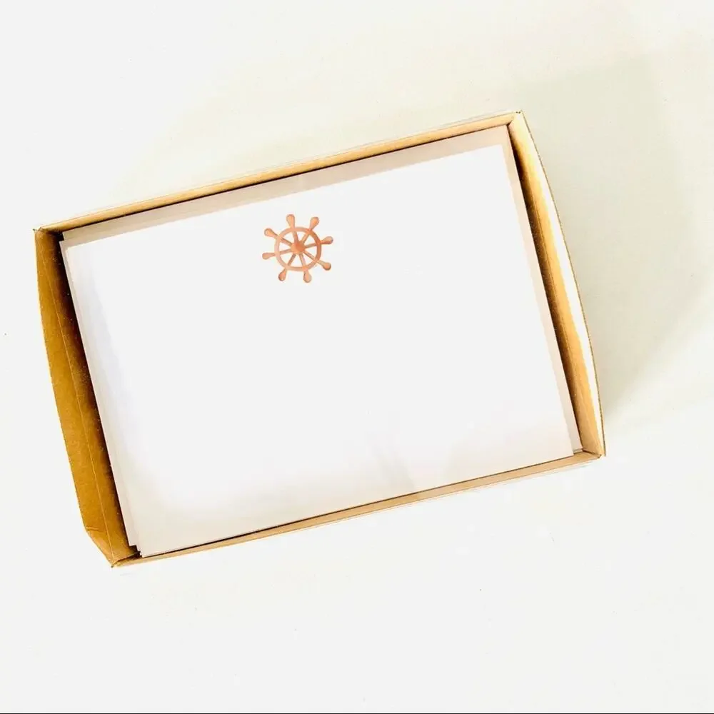 NEW ANTHROPOLOGIE White Tan Illustrated Sail Wheel Nautical Card Notecards s/10